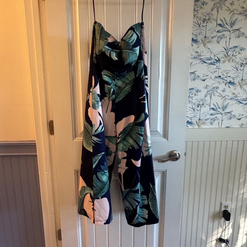 Lulu's Navy and Green Leaf Print Jumpsuit